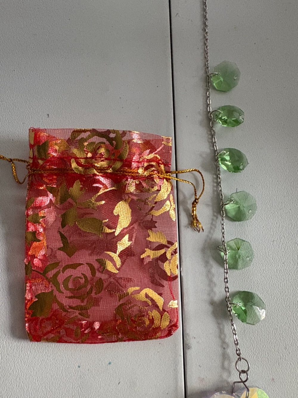 Hand Crafted Iridescent Heart Suncatcher with Green Beads - Picture 3 of 4